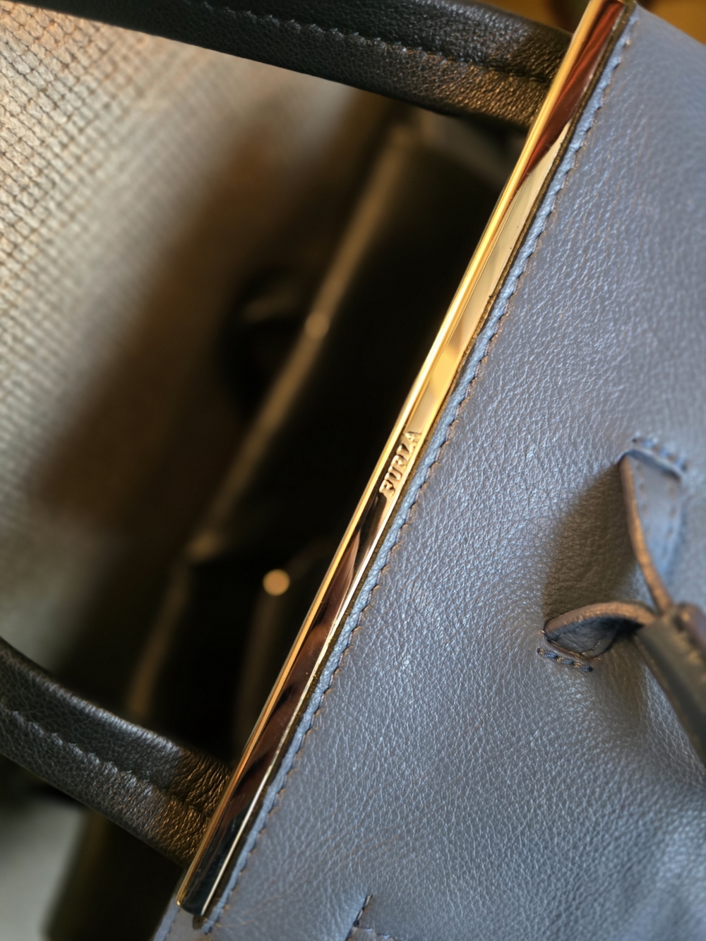 FURLA Leather Drawstring Tote Bag in Slate Blue - Picture 7 of 13